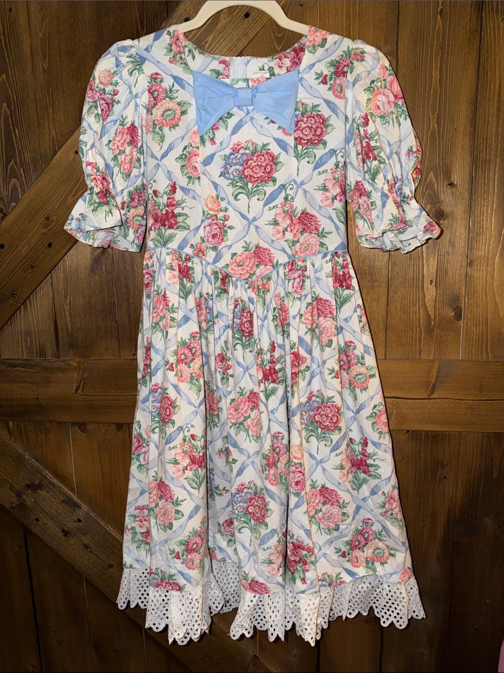 Vintage Ruth of Carolina’s Girls Floral Puff-Sleeve Dress with Blue Bow